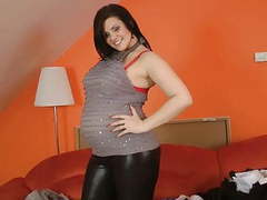 AlphaTeenies presents: Pregnant lady oils up her huge belly and big tits - preggo