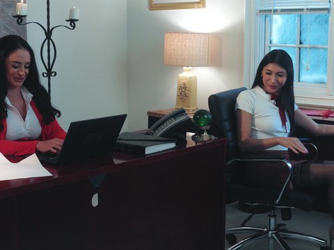 AlphaTeenies presents: Big butt boss spreads legs to ride her coworker on the bed