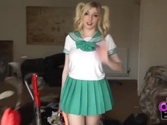 AlphaTeenies presents: Costume babe in a miniskirt fucks a toy outdoors