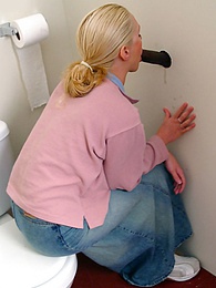 AlphaTeenies presents: Blonde girl Jamie sits on the toilet and blows a black gloryhole dong