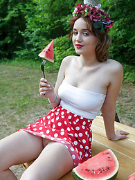 AlphaTeenies presents: Nice belarusian stunner Rokki removes all clothes on a blanket in a backyard