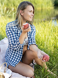 AlphaTeenies presents: Skinny blonde Paulina gets naked on a blanket in a field of wheat